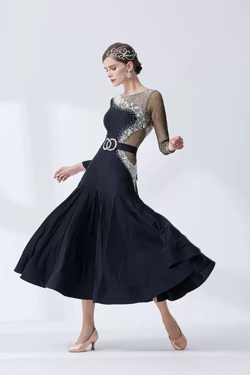 Bailebelle Fashion high-end diamond international standard dance dress modern dance skirt one-piece practice dress tailor-made Black, Silver image 0
