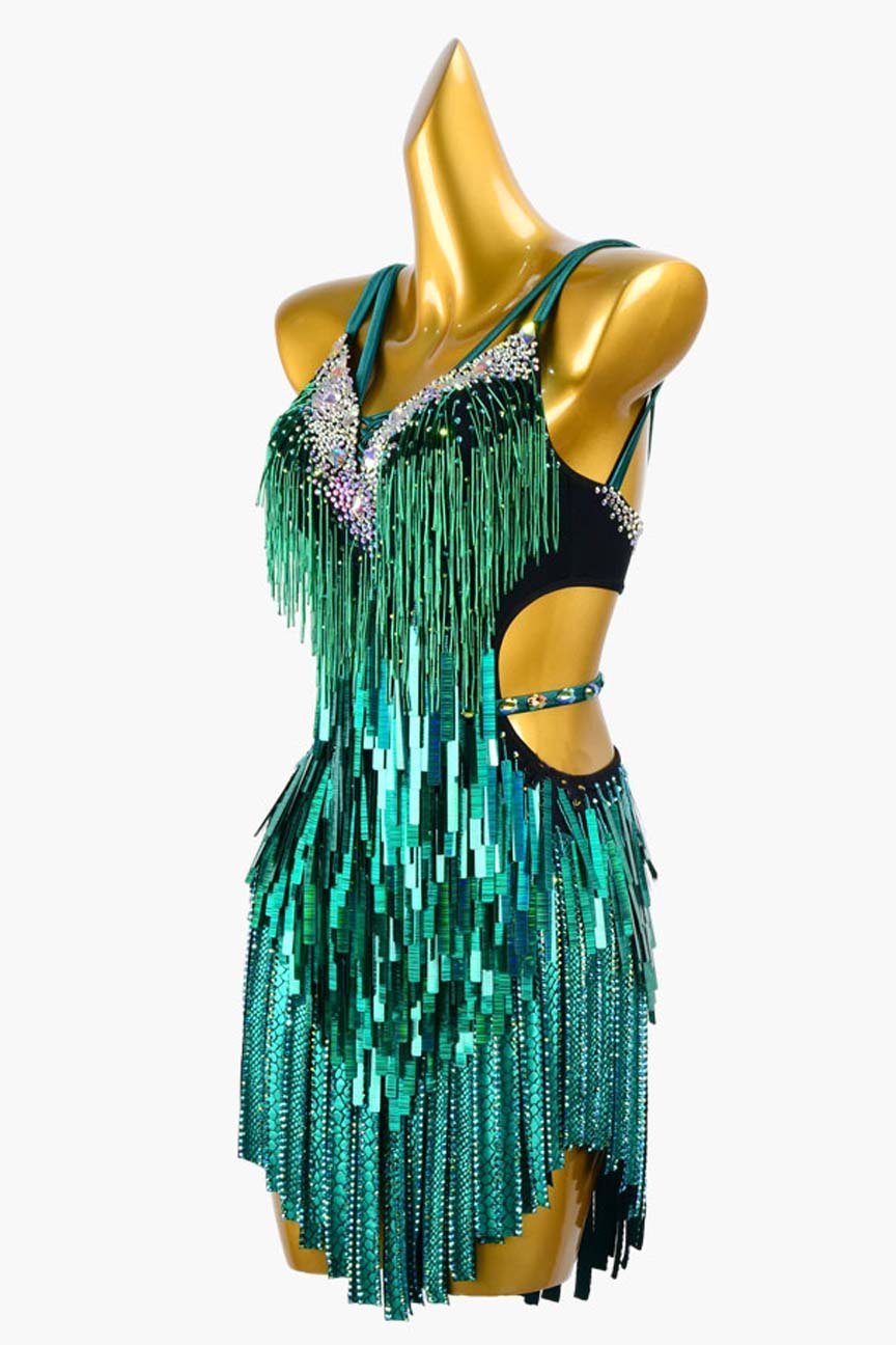 Black Green Latin Dress with Stone Fringes, Beaded Fringes, Sea Green Sequins, and White Crystal AB Accents image 2