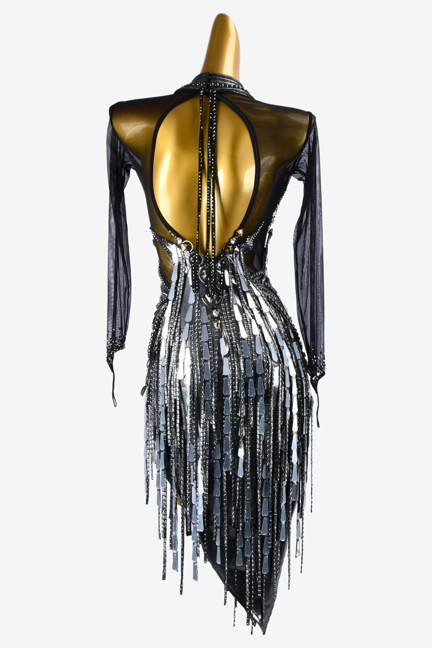 Black mesh Latin dress with sone mirror, rhinestones, stone fringes & silver sequins image 3