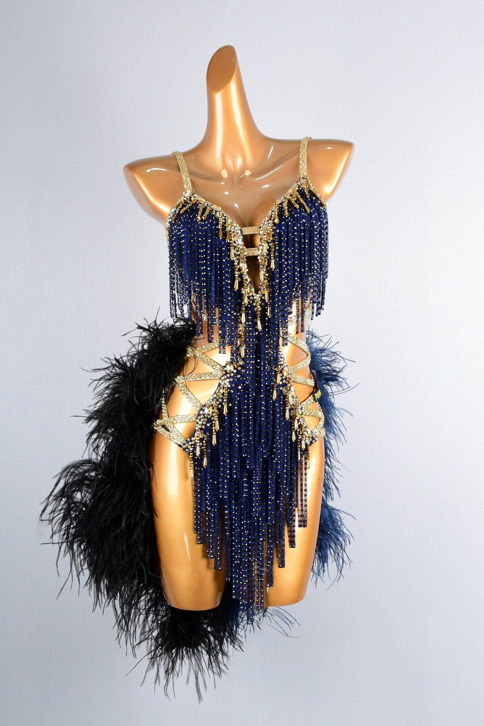 Blue & Black Latin Dress with Beaded Fringe, Tassels, Feathers, and Rhinestones image 0