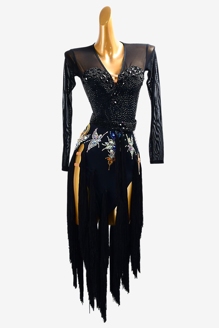 Elegant Black Fringe Bodysuit Dress with Crystal Embroidery image 0