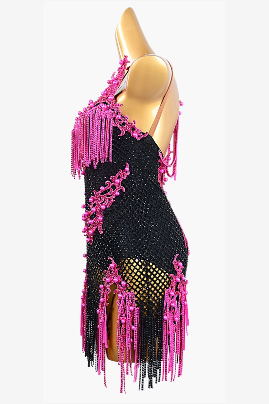 Black Latin dress with crystal fishnet, lace appliqués, rhinestones, cerise stone fringes & beadings image 2