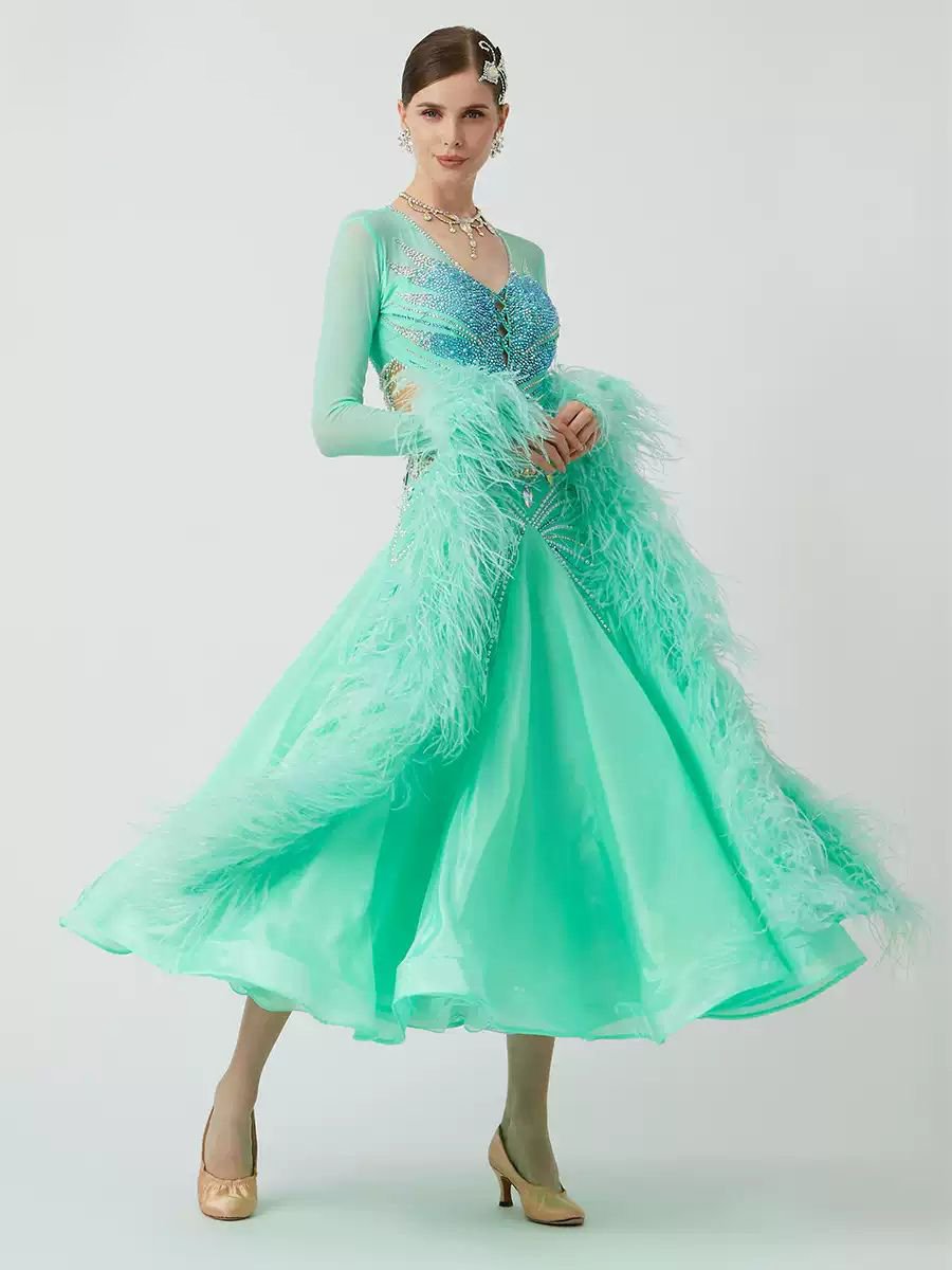 Bailebelle Fashion new ostrich feather floating pearl silk international standard dance modern dance performance uniform Light Green image 5