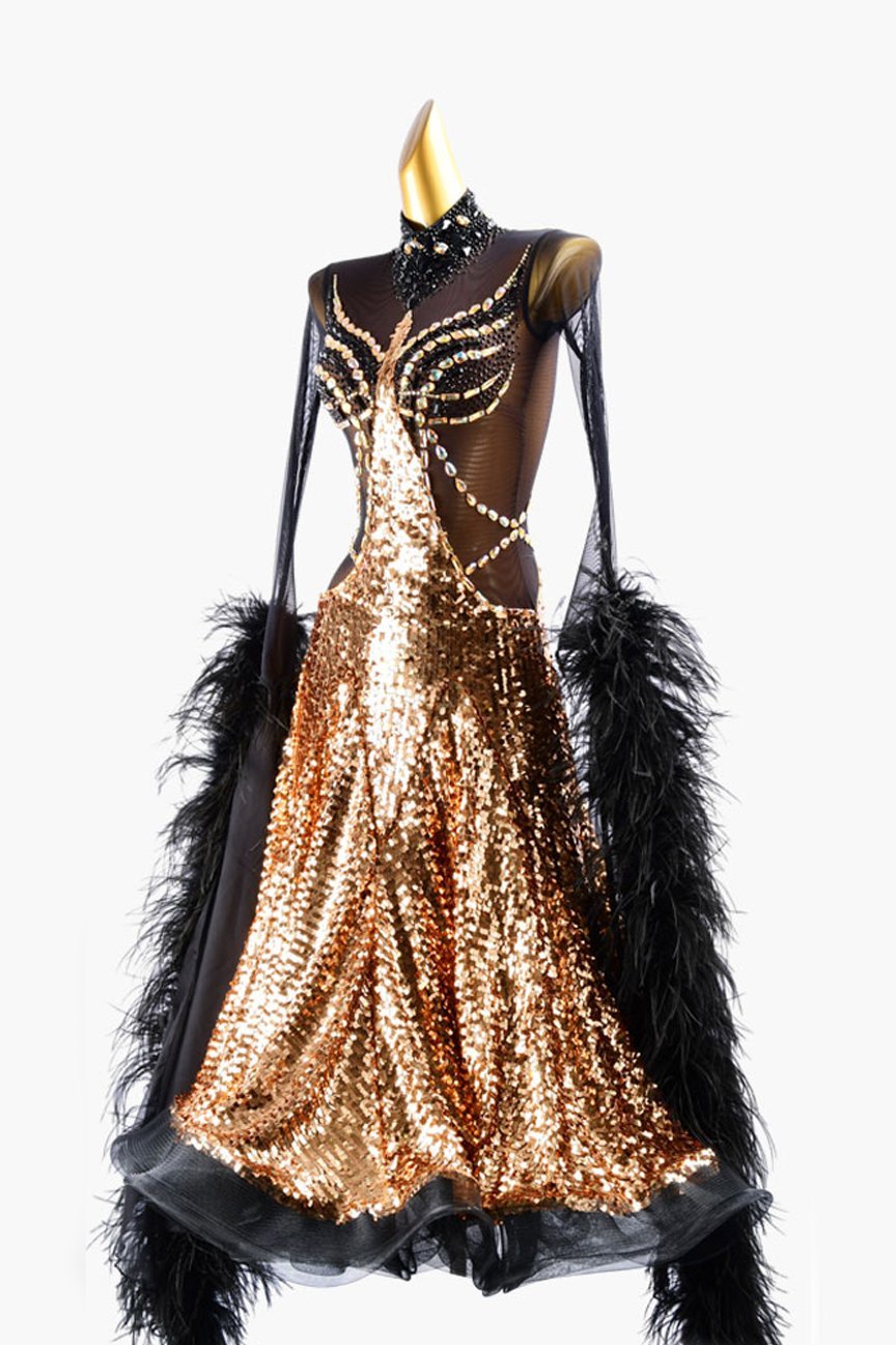 Gold sequins fabric Standard dress with black mesh top, crystals & feather boas image 3