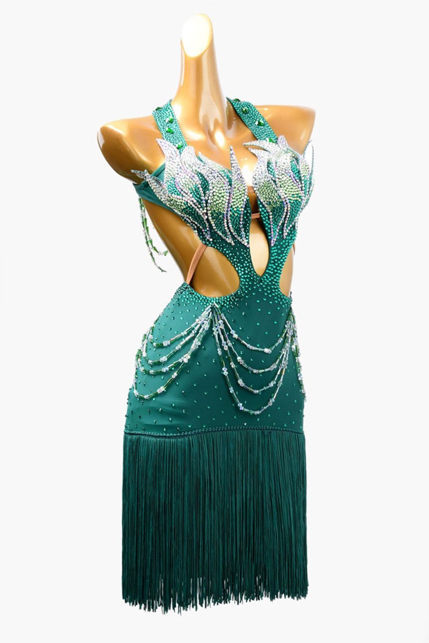 Sea green lycra rhythm dress with rhinestone applique, beadings,crystal AB & fringes image 1