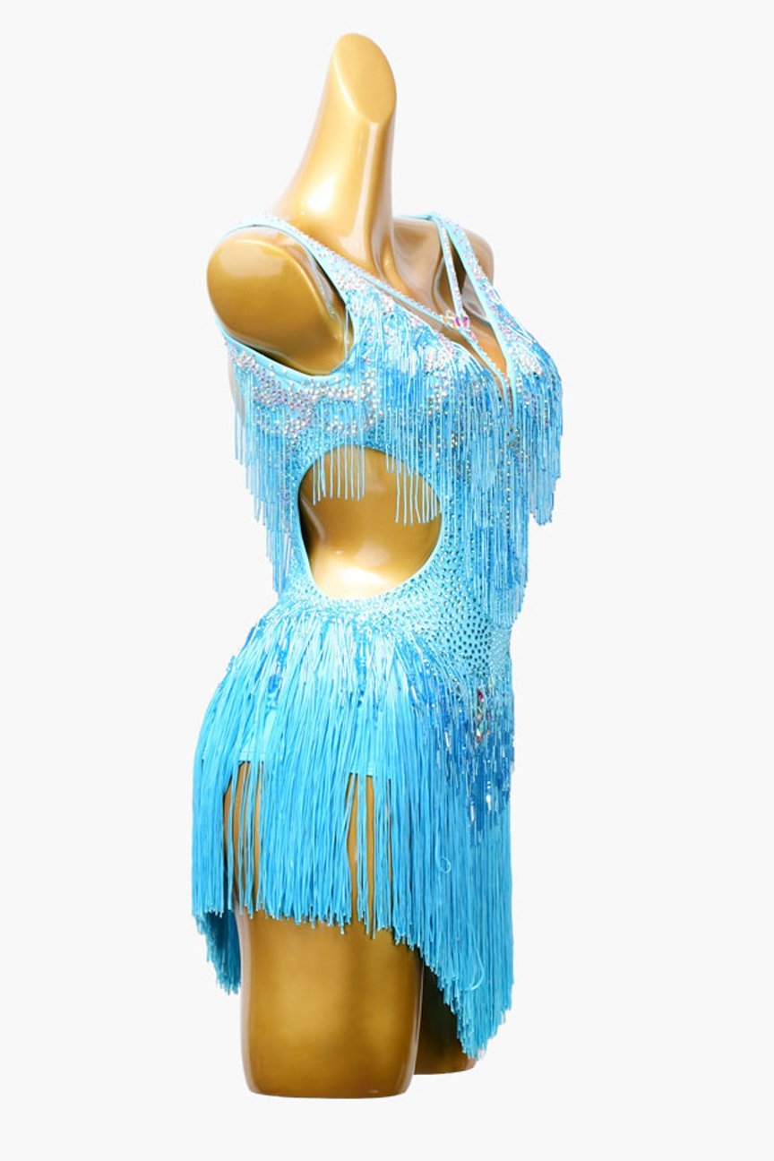 Sky blue matt lycra Latin dress with fringes, AB stones,beaded fringe & sew-on stones image 1