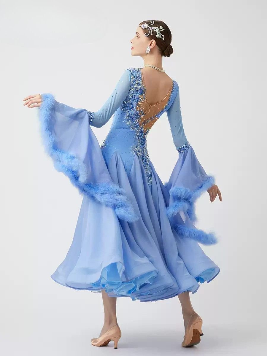Bailebelle Fashion Standard modern dance performance competition costumes ballroom dance skirt Blue image 3