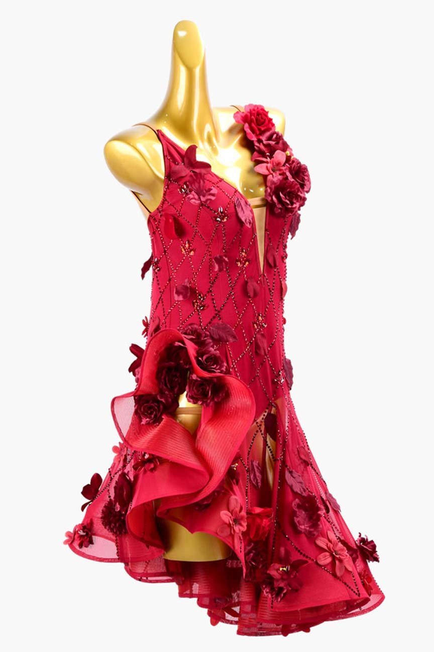 Scarlet Backless Mesh Latin Dress with Ruffle Fishbone Skirt, Flower Appliqués, and Rhinestones image 2