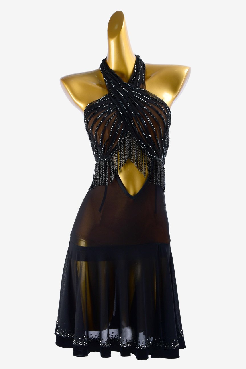 Black mesh Latin dress with beaded fringes, beaddings, rhinestones & sew-on stones image 0