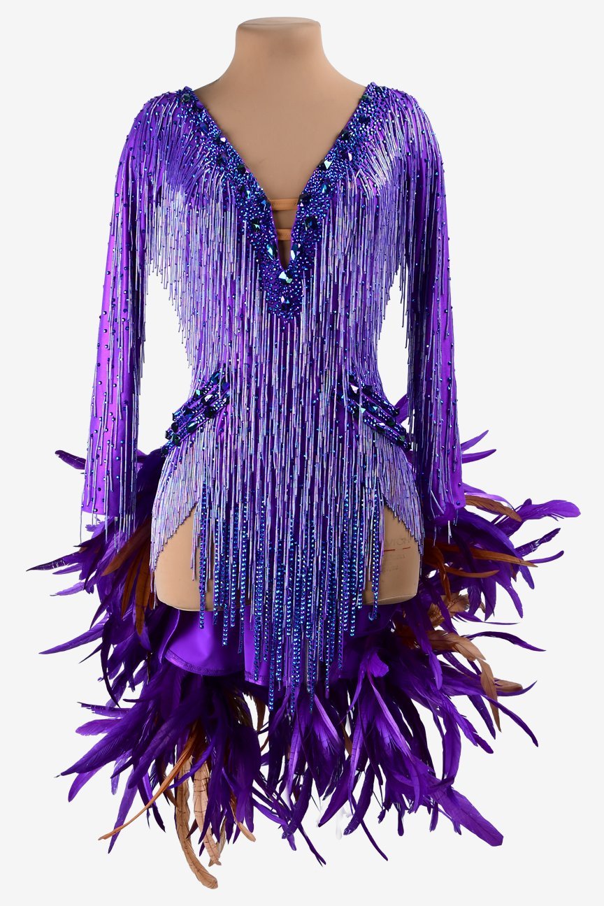 Violet dot shine lycra Latin dress with AB stones, stone fringes, feathers & beaded fringes image 0