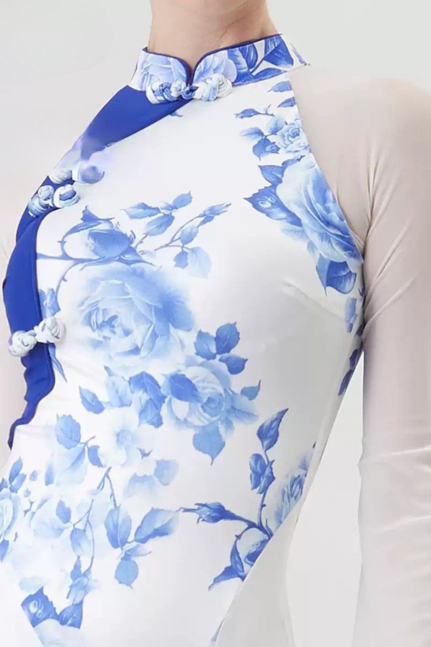 Bailebelle Fashion standard modern dance practice skirt training dance clothes custom ballroom dance skirt Blue, White image 3