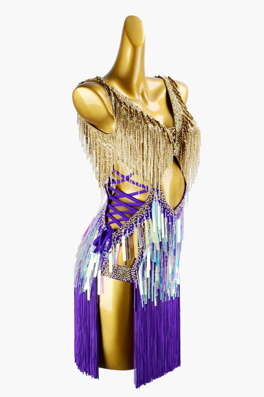 Violet Latin dress with gold dress top with beaded fringes, rhinestones, fringes & sequins image 1