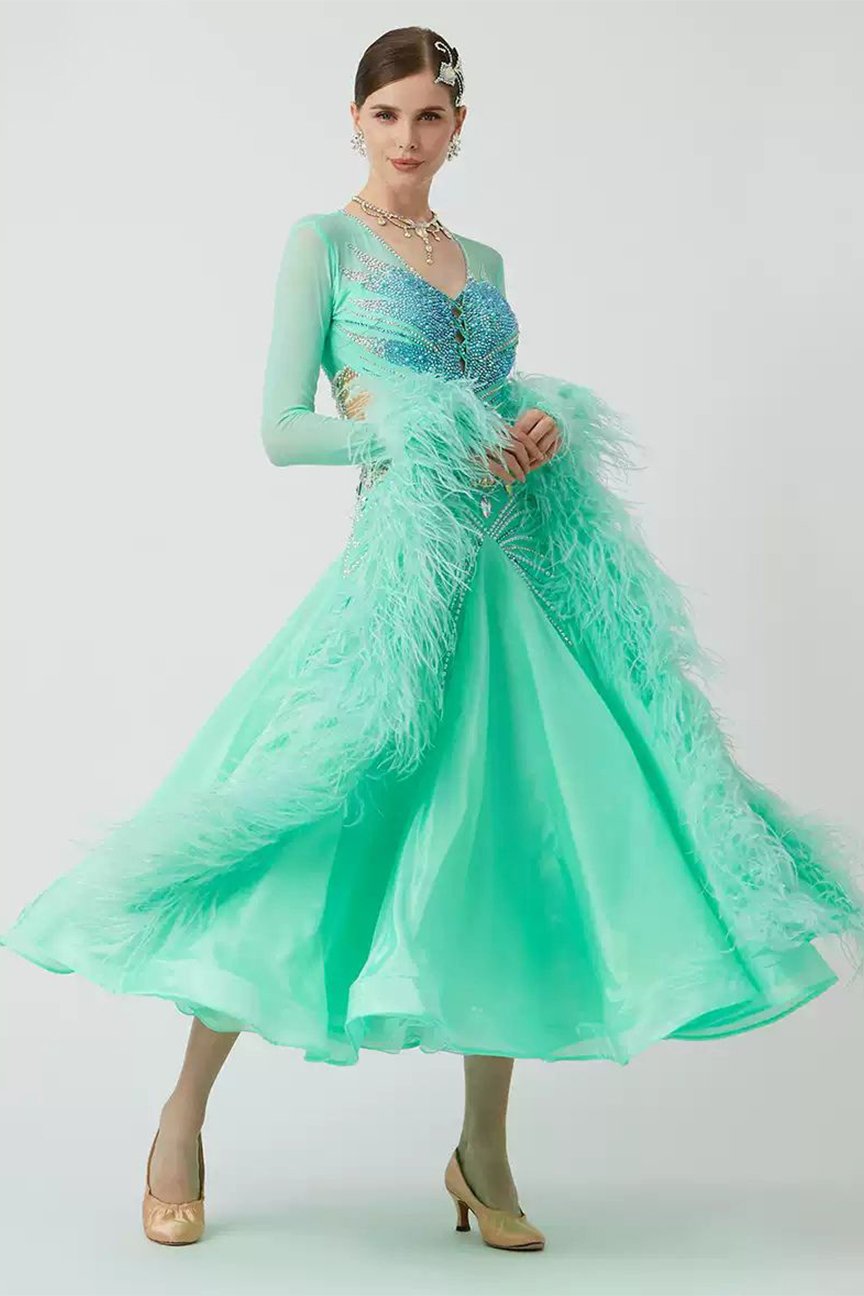 Bailebelle Fashion new ostrich feather floating pearl silk international standard dance modern dance performance uniform Light Green image 5
