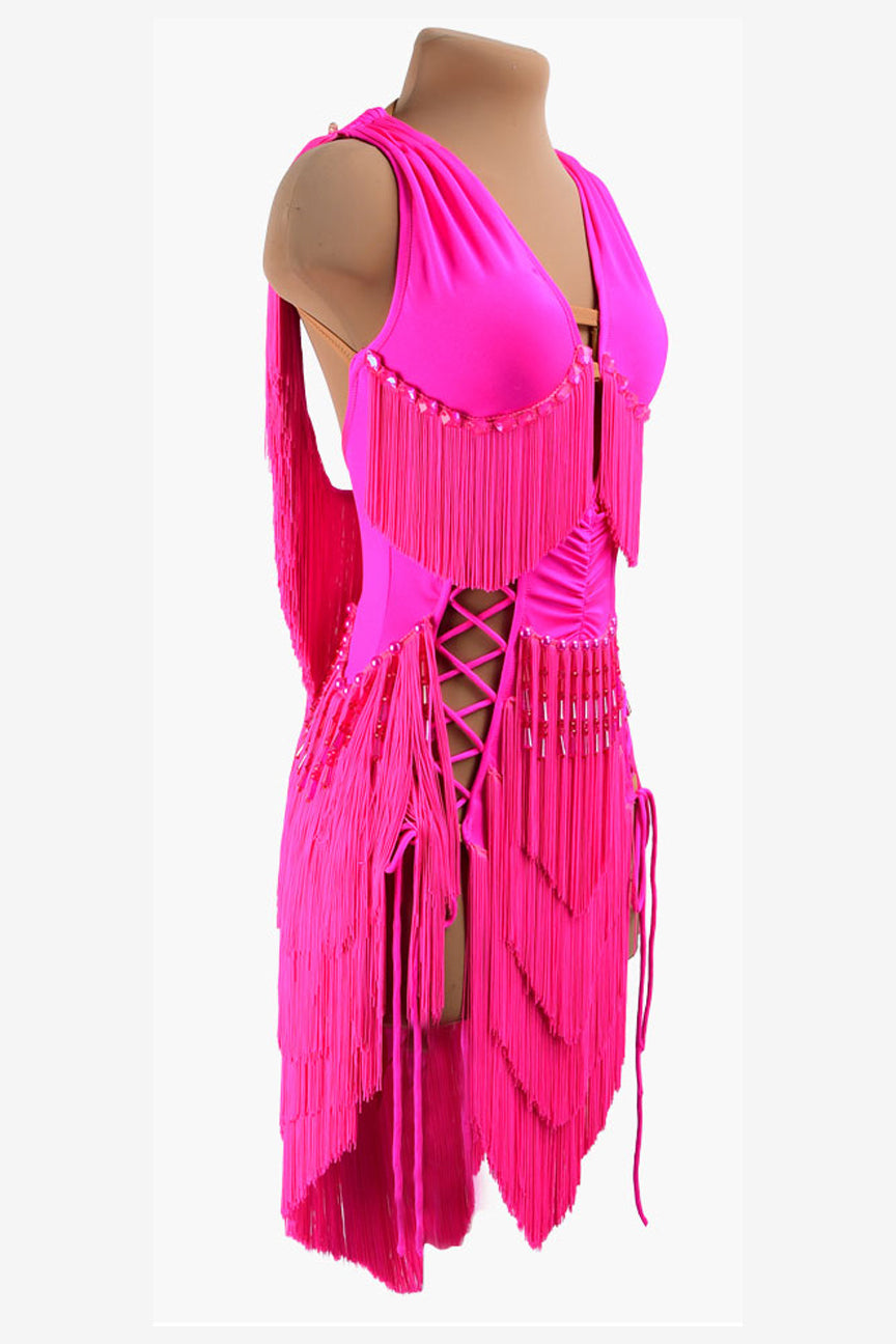 Phosphor powder lycra Latin dress with beadings, fringes, crystals & sew-on stones