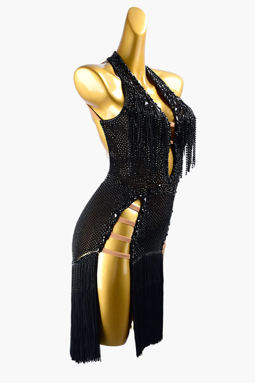 Black mesh Latin dress with crystal fishnet underskirt, beaded fringes, rhinestones & fringes