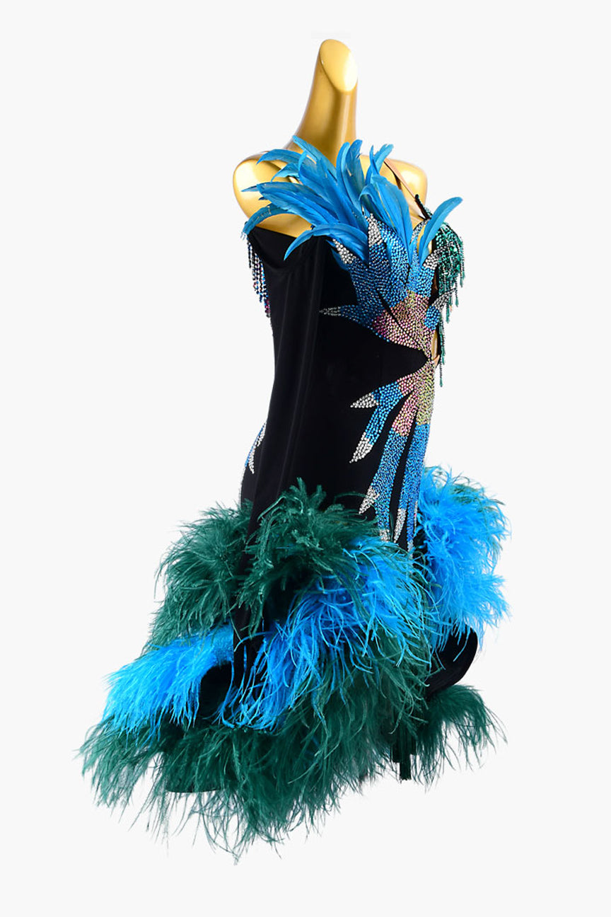 Black velvet Latin dress with rhinestones, beadings, tassels, blue&green feathers image 0