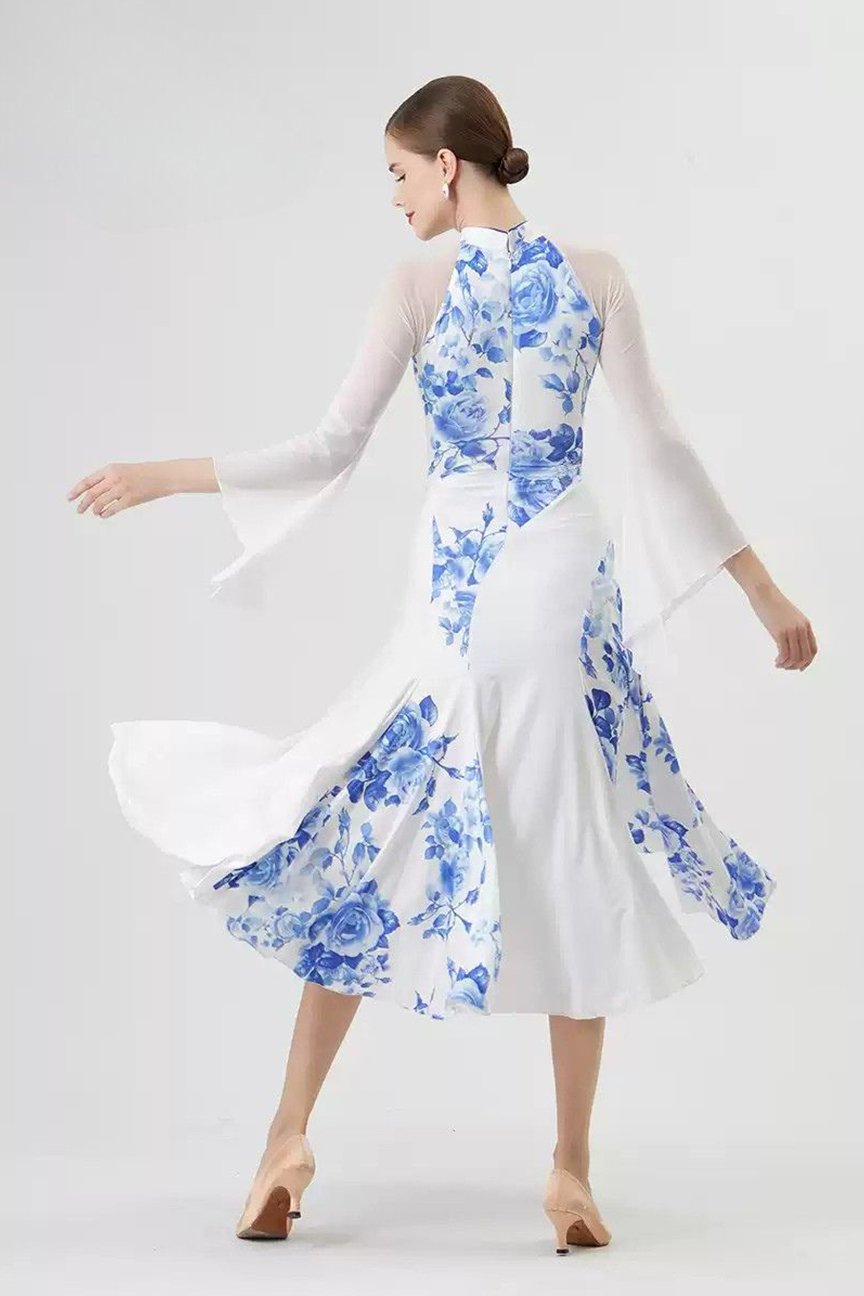 Bailebelle Fashion standard modern dance practice skirt training dance clothes custom ballroom dance skirt Blue, White image 0