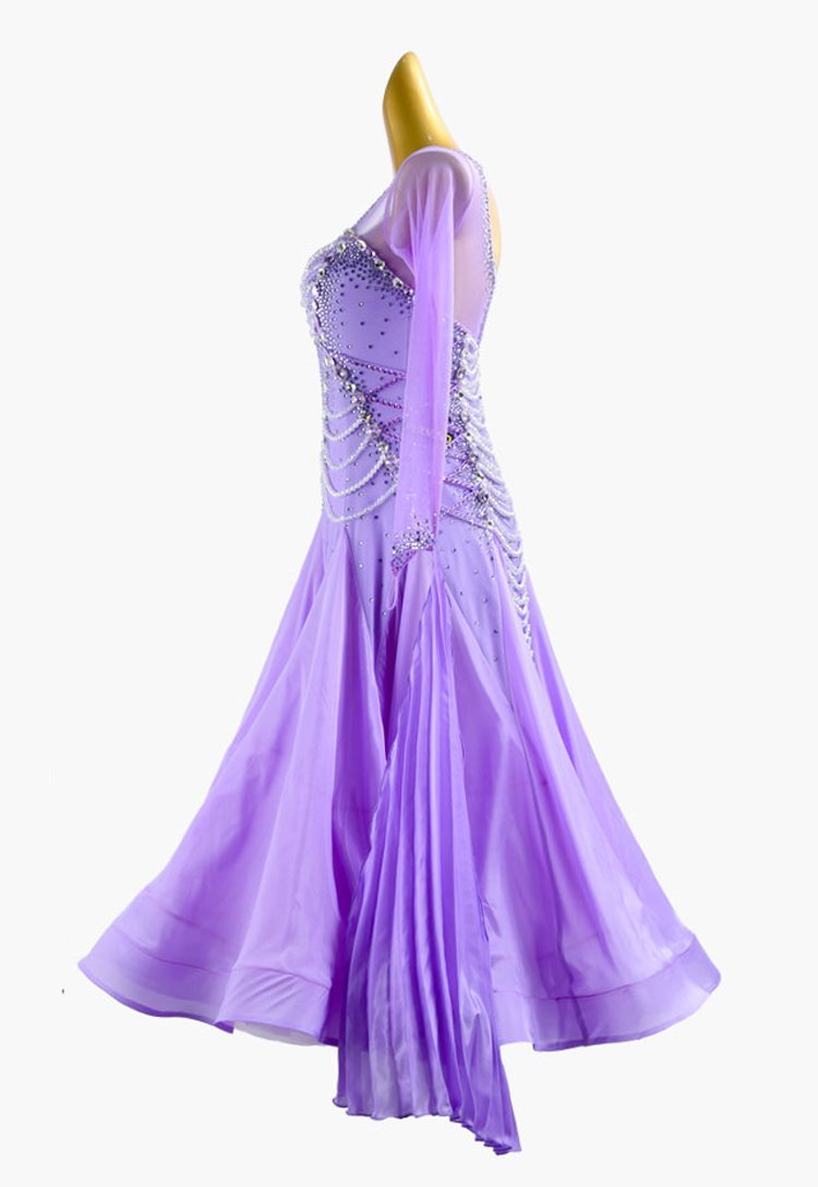 Lilac Standard dress with mesh sleeves, pearl chiffon underskirts, pleated float, white crystals and beadings image 2