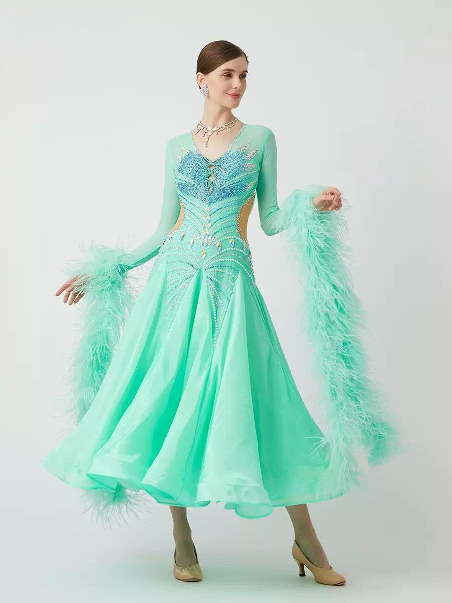 Bailebelle Fashion new ostrich feather floating pearl silk international standard dance modern dance performance uniform Light Green image 0