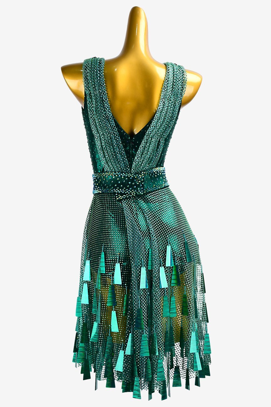 Teal Crystal Fishnet Latin Dress with Sequins, Tassels, and Green Crystal AB Accents image 0