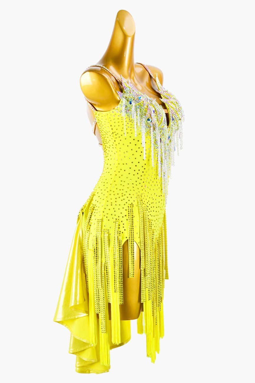Yellow Lustre Lycra Backless Latin Dress with Stone Fringes and White Beaded Fringes image 3