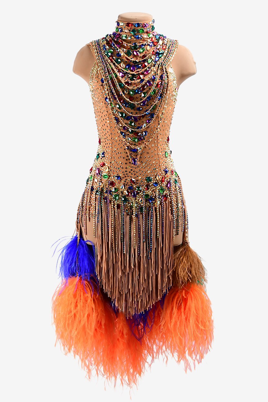 Fleshtone lycra Latin dress with stone fringes, colorful feathers, fringes, rhinestones & sew-on stones image 0