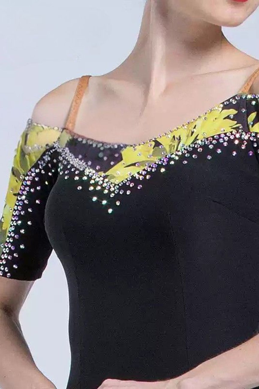Bailebelle Fashion Dance practice skirt adult female printed dress slim practice national standard dance dress Black, Yellow image 3