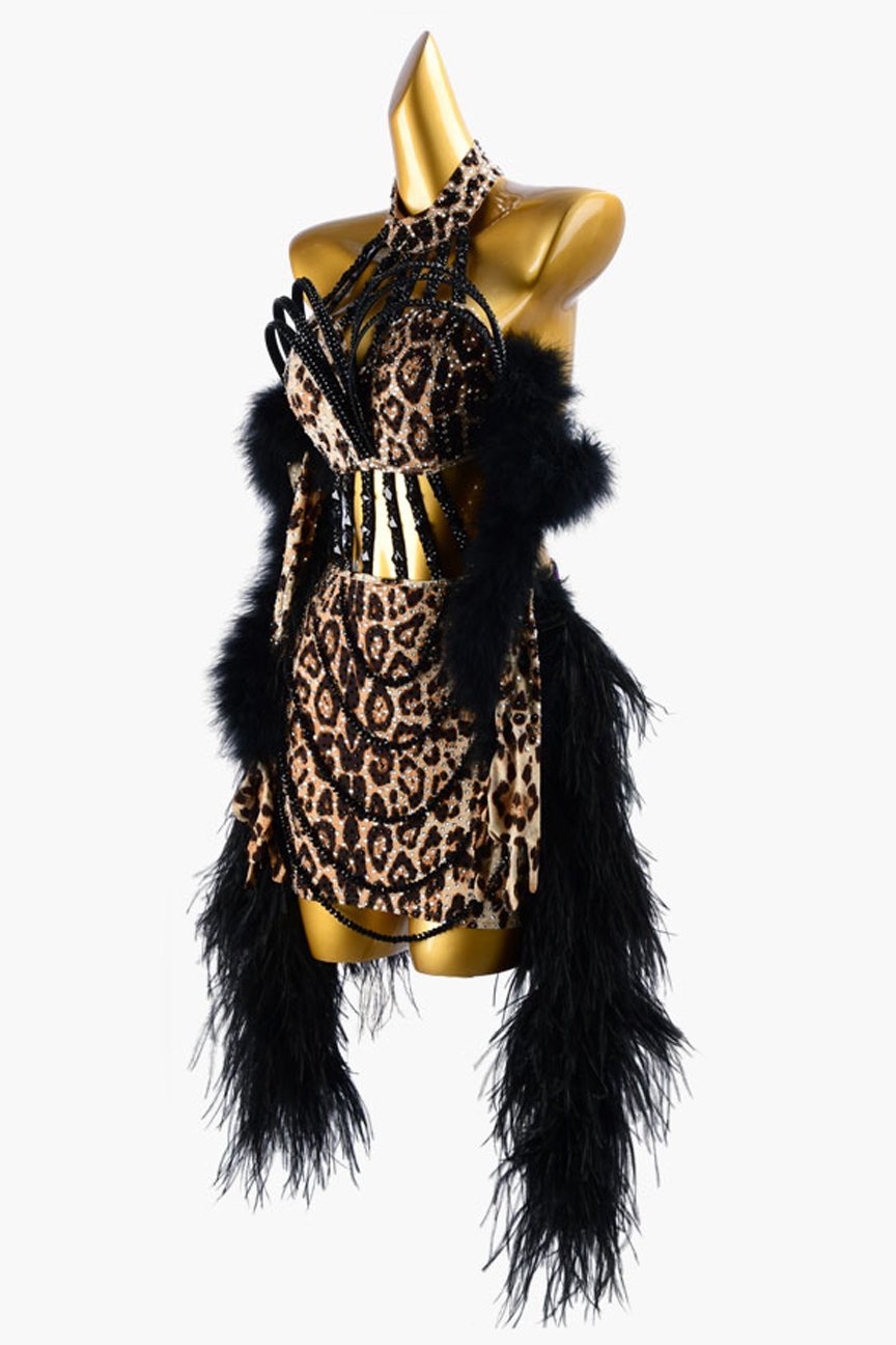 Leopard print Latin dress with feather and crystal AB image 2