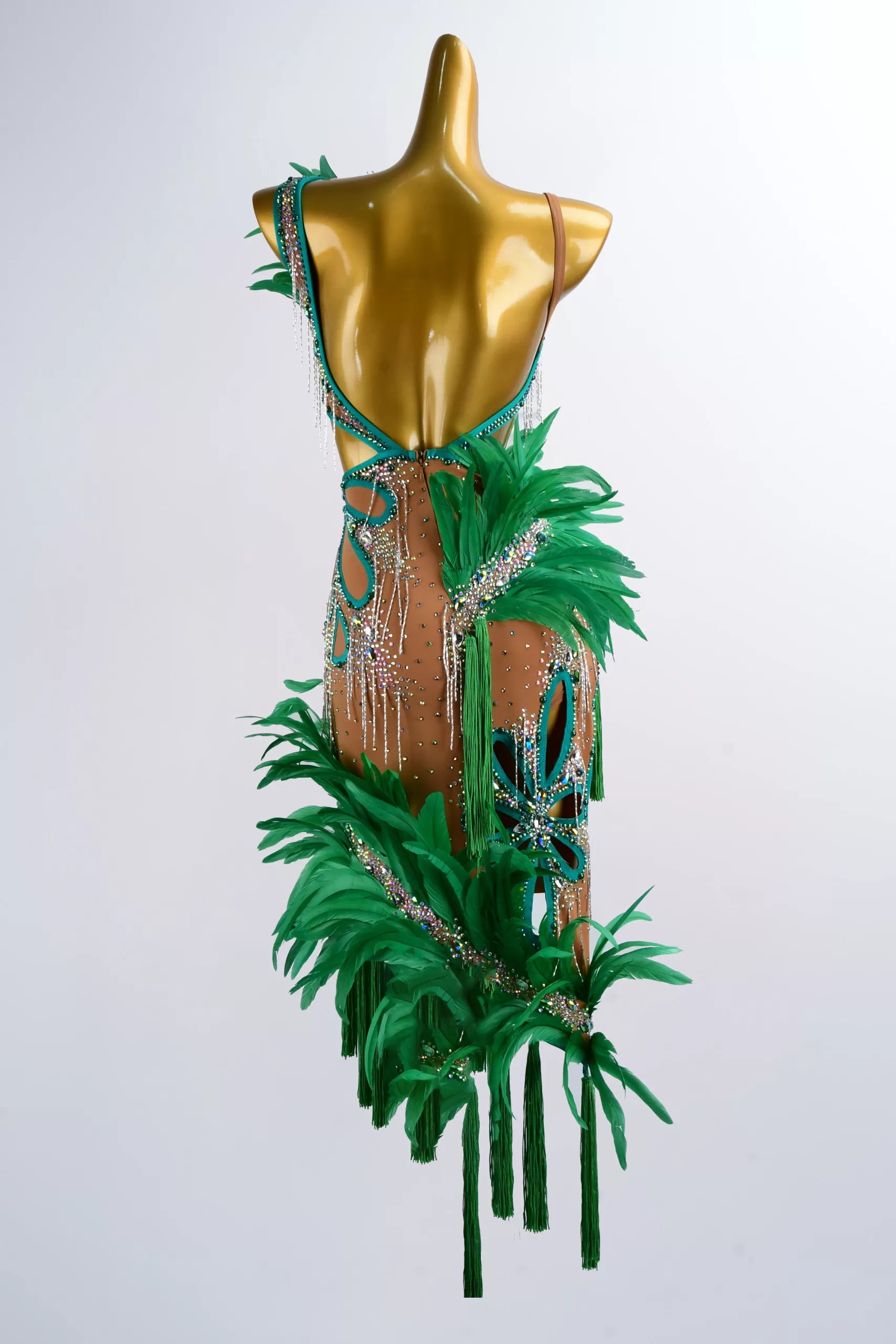 Green Feather Leaves Design Latin Dance Dress – Competition Performance Wear image 2
