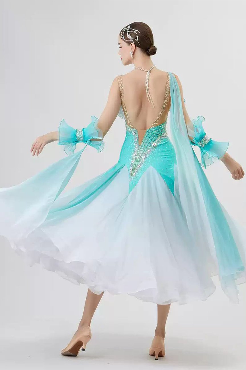 Bailebelle Fashion tailor-made new national standard modern dance performance competition uniform high-end swing dress gradient color Light Blue image 1