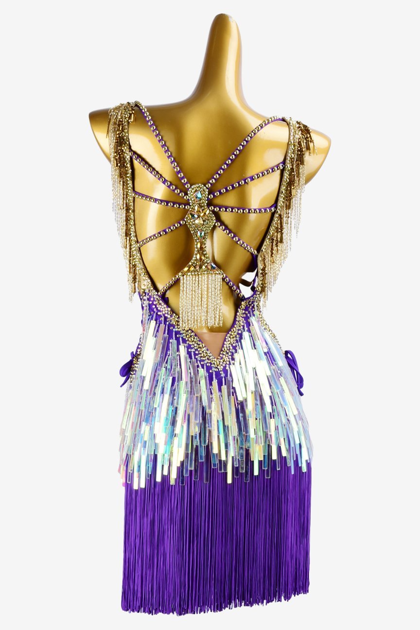 Violet Latin dress with gold dress top with beaded fringes, rhinestones, fringes & sequins image 3