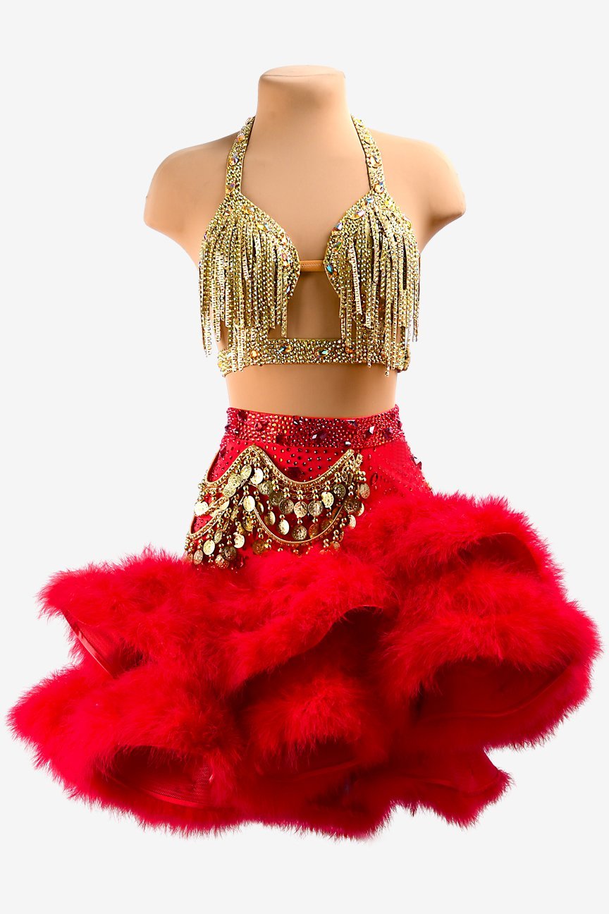 Gold Latin dress with china red ruffle fishbone underskirt, gold stone fringes, feathers & crystals image 0