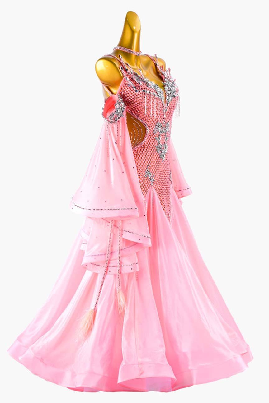 Pink Crystal Fishnet Standard Dress with Stretch Satin Underskirts, Lace, Float, and Rhinestone Beading image 2