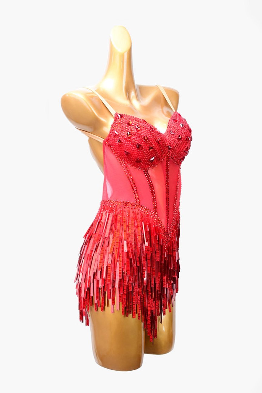 Red mesh spliced crystal fishnet Latin dress with rhinestones, beadings & sequins image 1