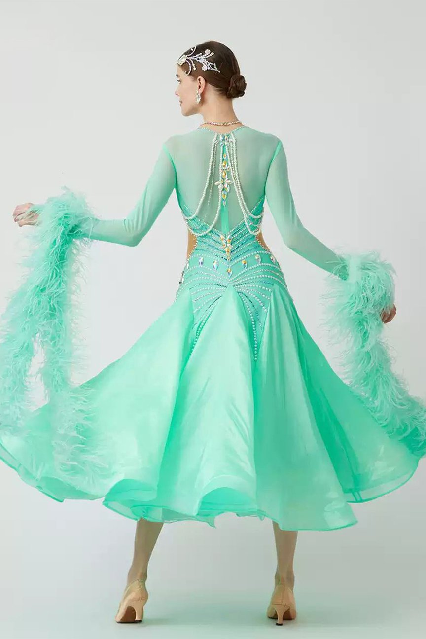 Bailebelle Fashion new ostrich feather floating pearl silk international standard dance modern dance performance uniform Light Green image 1