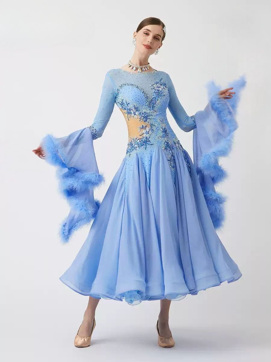 Bailebelle Fashion Standard modern dance performance competition costumes ballroom dance skirt Blue image 4