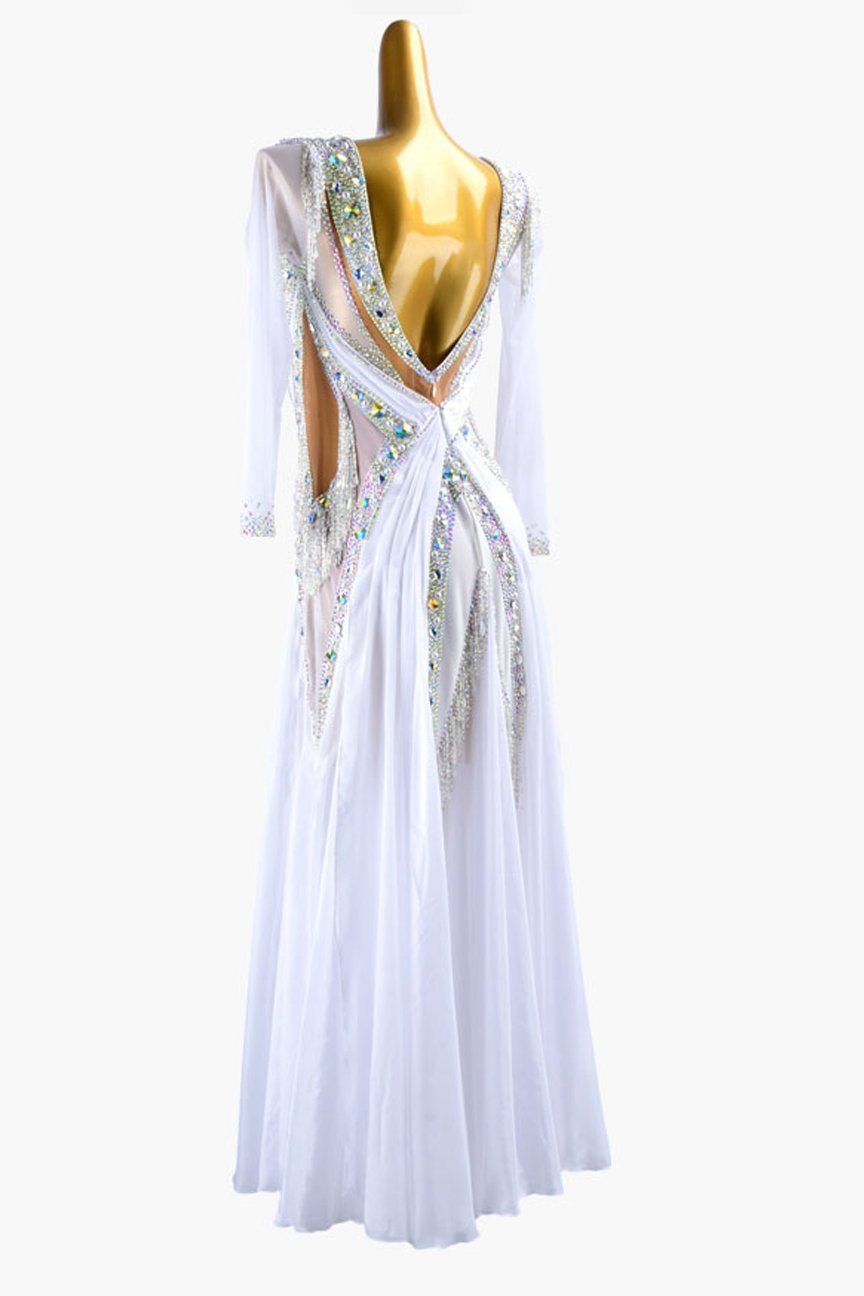 White mesh Standard dress with silver beaded fringes, beadings, AB crystals & sew-on stones image 2