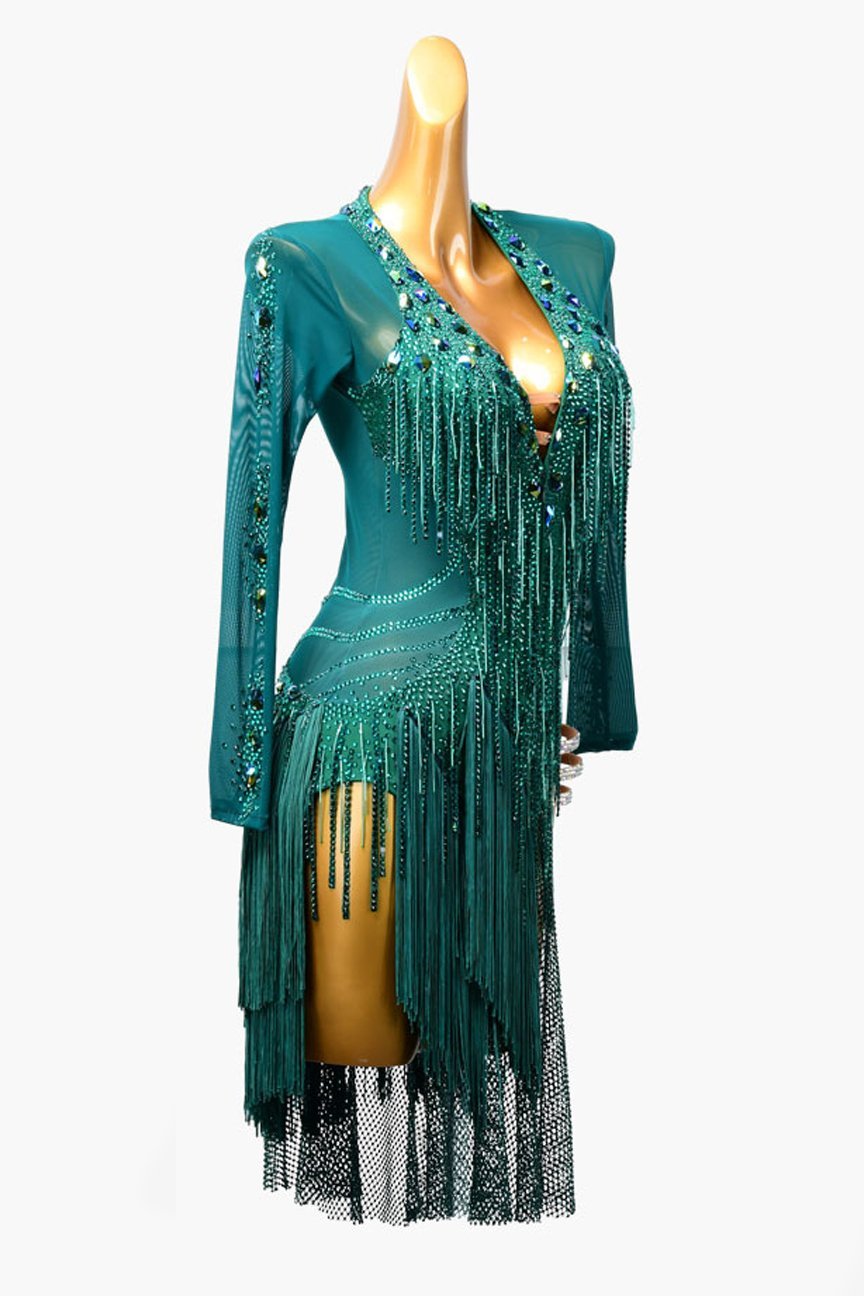 Navy blue Latin dress with stone fringes, fishnet,crystal AB and fringe image 1