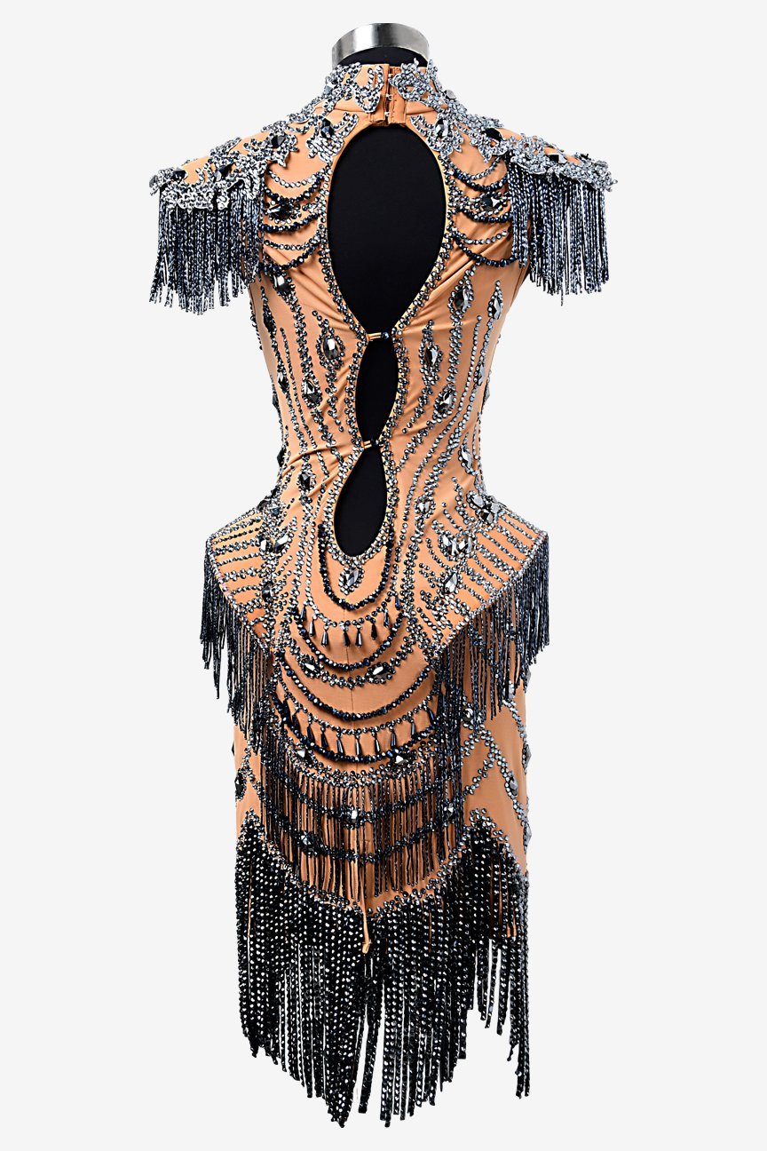 Fleshtone matt lycra Latin dress with lace appliqués, beadings, mineral gray crystals & stone fringes image 3