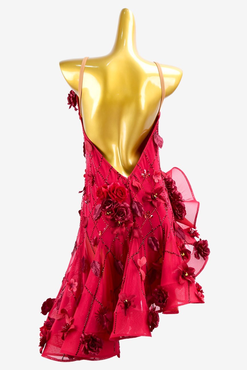 Scarlet Backless Mesh Latin Dress with Ruffle Fishbone Skirt, Flower Appliqués, and Rhinestones image 1