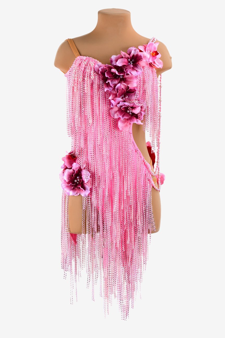 Pink matt lycra Latin dress with crystal fishnet fringes, rhinestone & flower appliques image 0