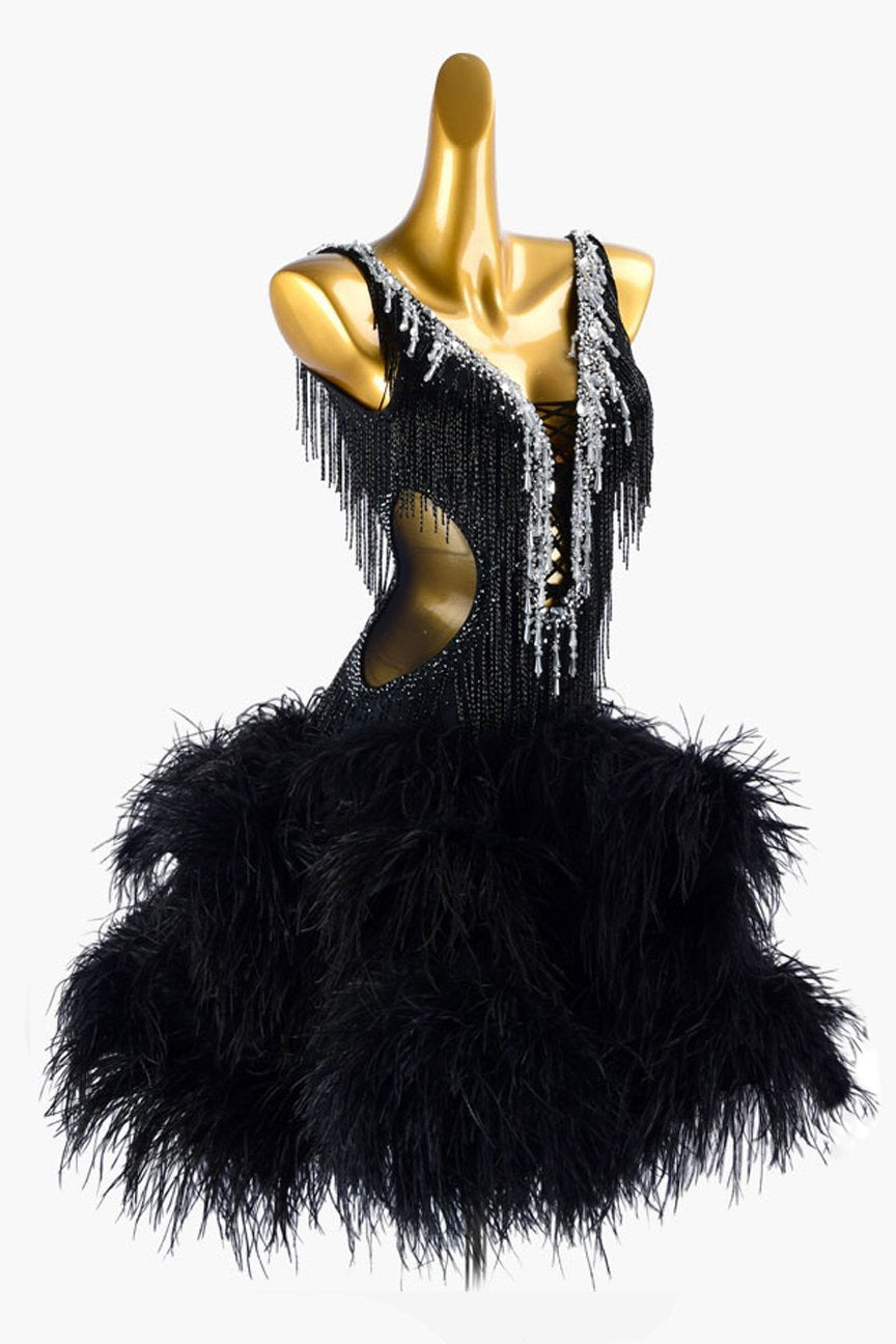 Black lycra Latin dress with sheer beadings, beaded fringes, feathers & rhinestones image 1