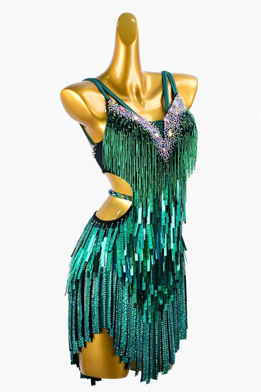 Black Green Latin Dress with Stone Fringes, Beaded Fringes, Sea Green Sequins, and White Crystal AB Accents image 3
