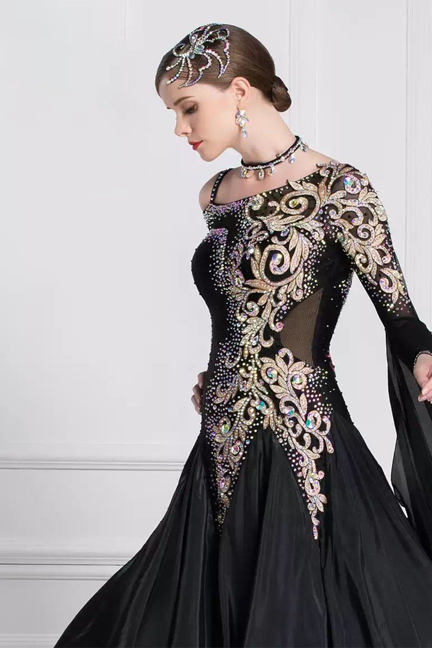 Bailebelle Fashion Rhythm dance modern waltz dance skirt high-end social national standard performance competition dress big swing dress new pearl silk Black image 3