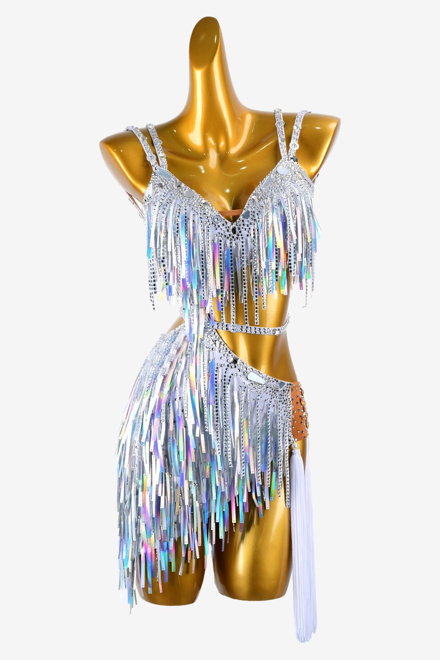 Silver dot shine lycra Latin dress with white tassels, crystals & colorful sequins image 0