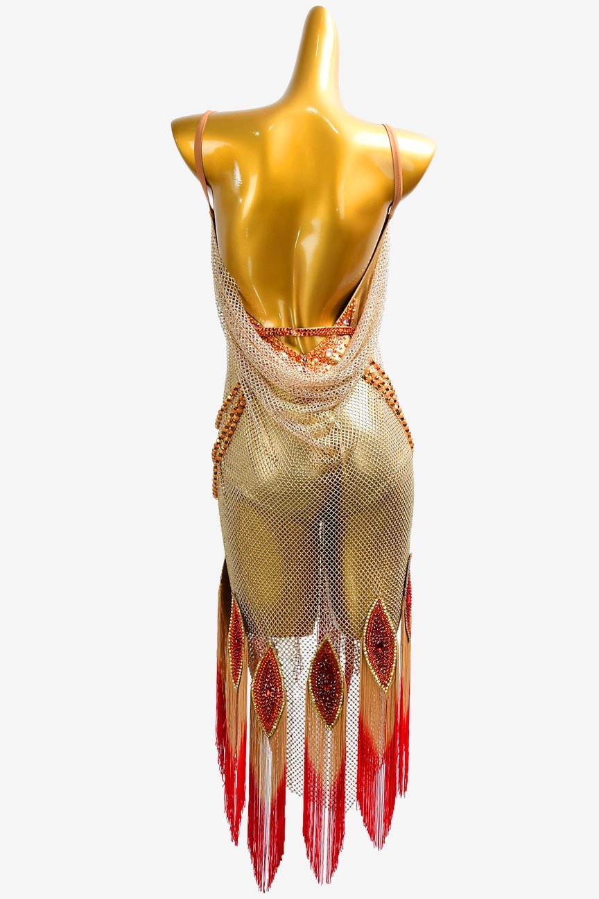 Gold crystal fishnet Latin dress with red & fleshtone fringes, gold beadings and crystals image 0