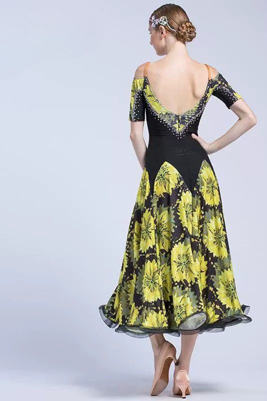 Bailebelle Fashion Dance practice skirt adult female printed dress slim practice national standard dance dress Black, Yellow image 0