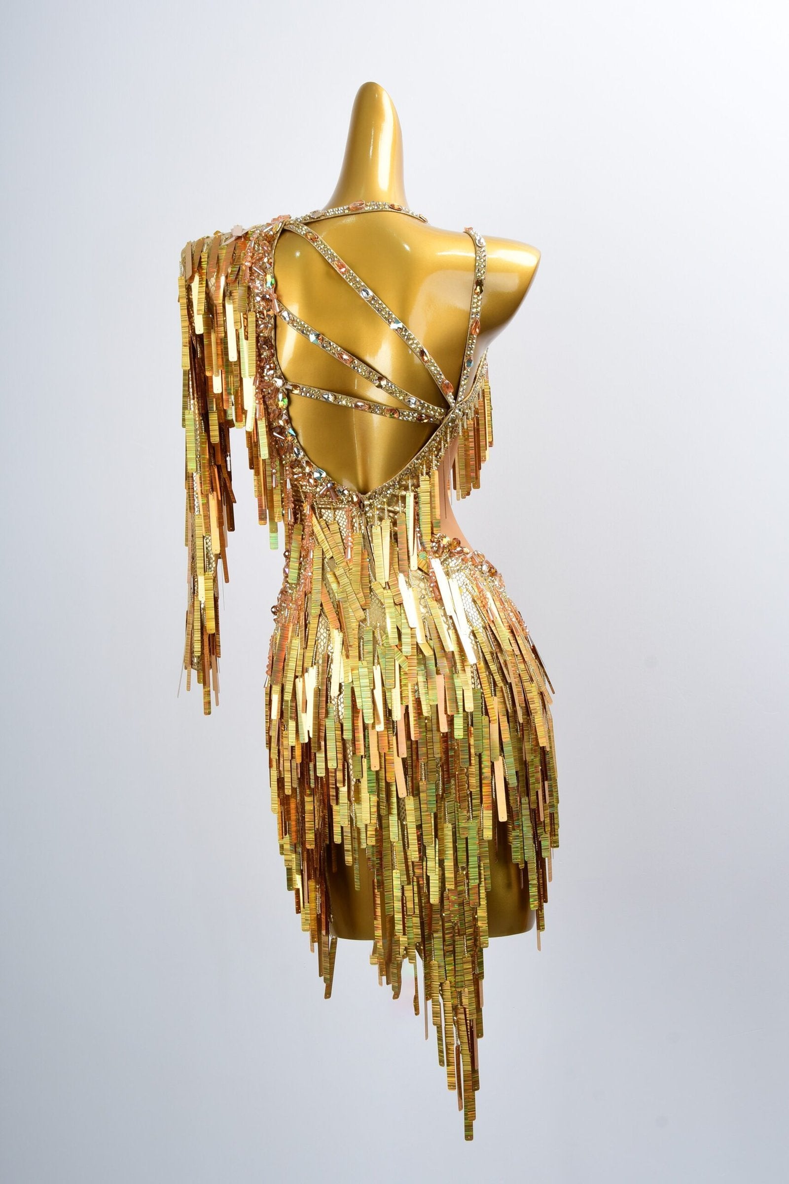 Golden Sequin Fringe Latin Dance Dress with Asymmetric Design image 1