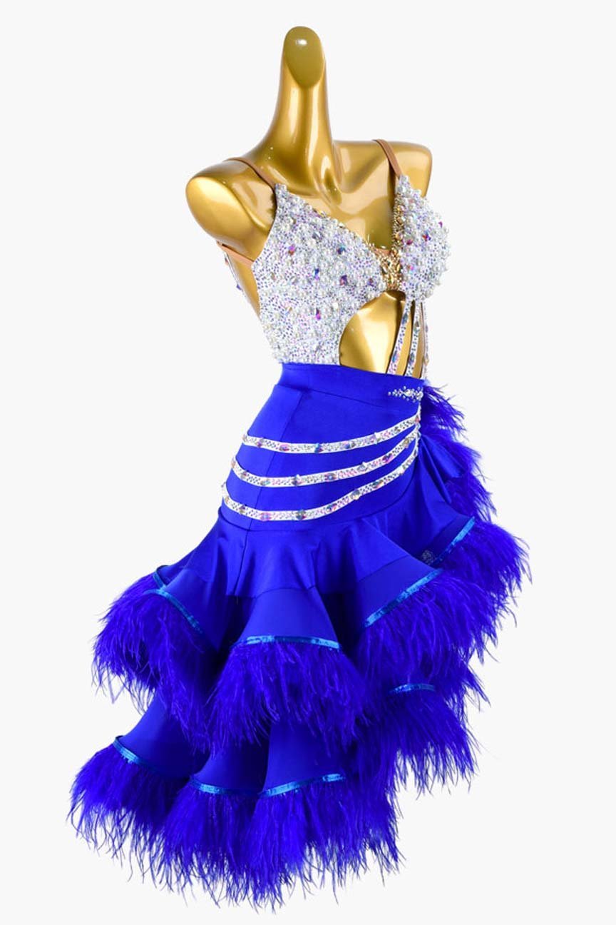Medium Blue Latin Dress with Ruffle Fishbone Skirt, Feathers, and White Crystal AB Accents image 3