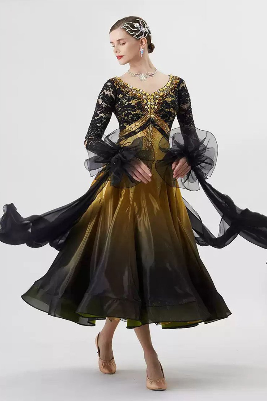 Bailebelle Fashion new national standard modern dance performance competition uniforms personalized design big swing dance skirt  Black, Gold image 5